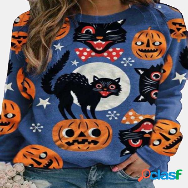 Halloween Cartoon Cat Imprimir manga comprida moletom casual