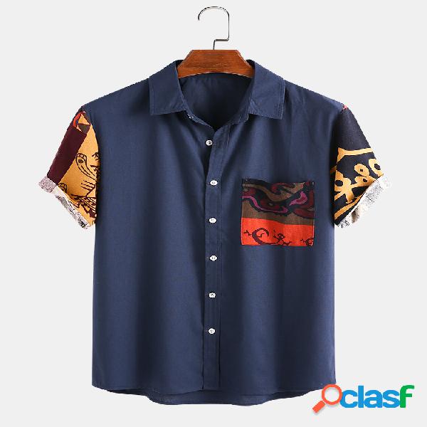 Homem 100% Algodão Étnico Totem Patchwork Casual Camisa