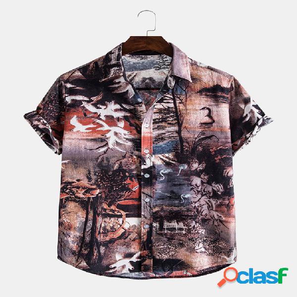 Homem Algodão Vintage Paisagem Impressão Casual Camisa