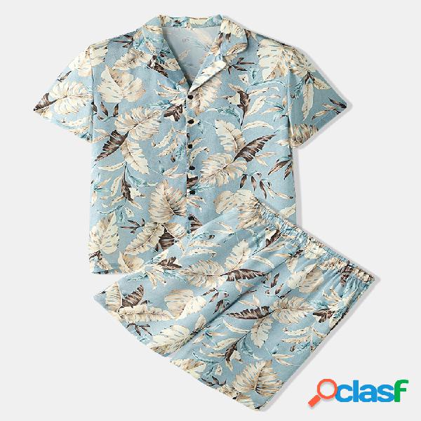 Homem Tropical Leaves Print Loungewear Duas Peças Faux Silk