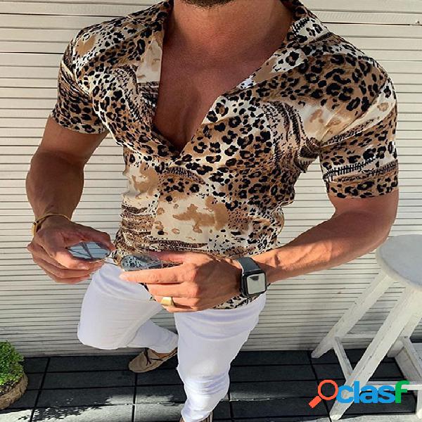 Homem estampado leopardo solto manga curta casual Camisa