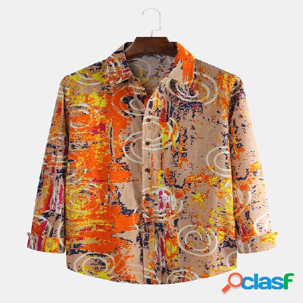Homens Algodão Linho Étnico Floral Impresso Casual Magro