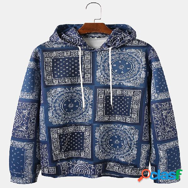 Homens Allover Ethnic Print Relaxed Fit Pouch Pocket Hoodies