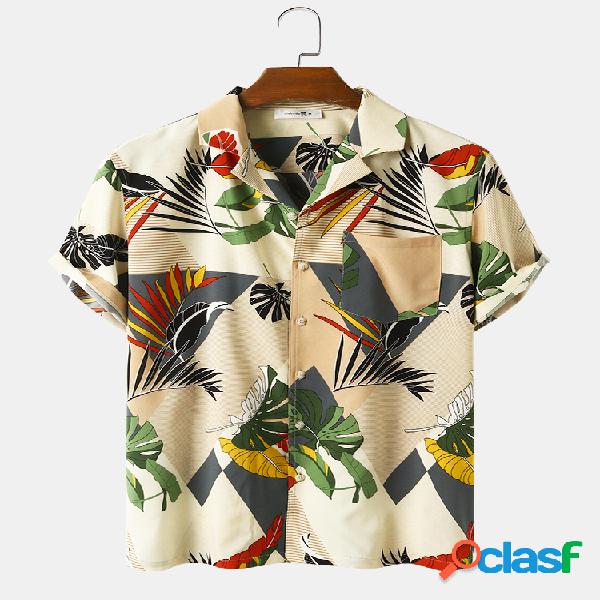 Homens Planta Tropical Impresso Casual Turn-down Collar