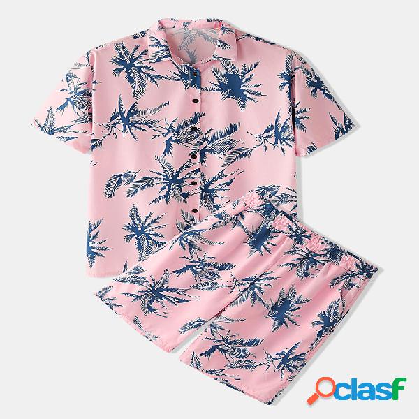 Homens Rosa Hawaiian Tropical Print Praia Conjuntos de