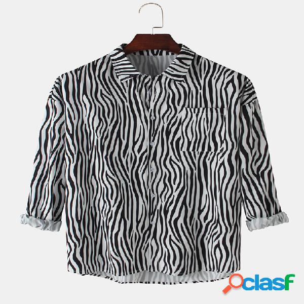 Homens Zebra com impressão em algodão casual camisas de
