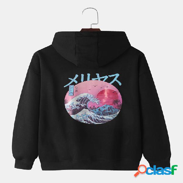 Homens estilo japonês estampado traseiro com capuz maciço