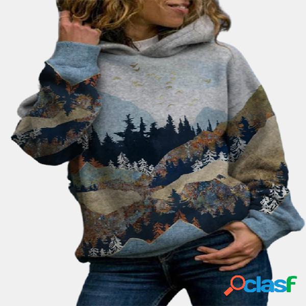 Hoodie casual com capuz de manga comprida estampado paisagem