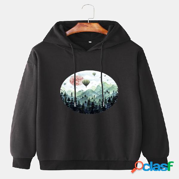 Hoodies masculinos com estampa gráfica de algodão e ajuste