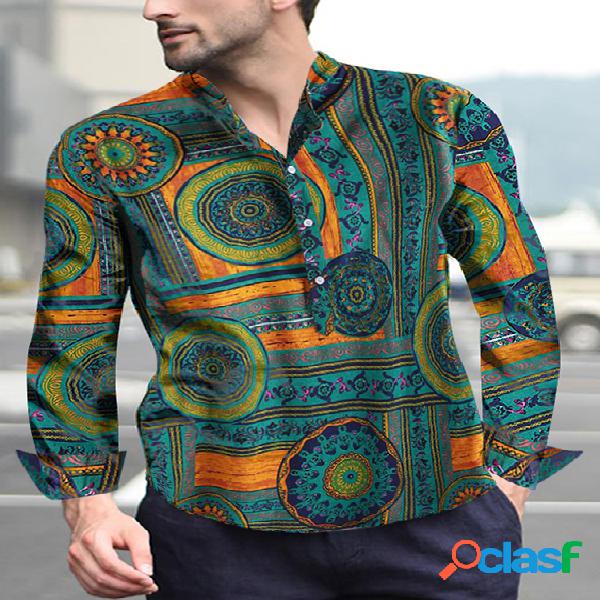 INCERUN Colarinho de estampa tribal masculino casual Camisa