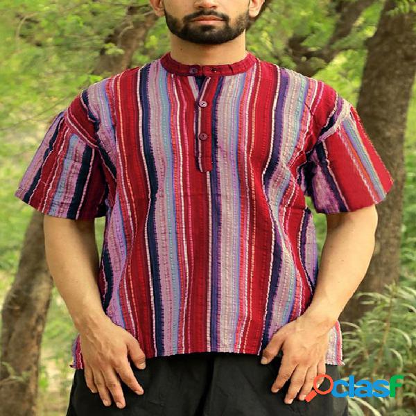 INCERUN Masculino Vintage listrado Kurta manga curta Camisa