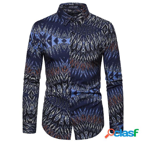 Impressão masculina de código europeu fina camisa de