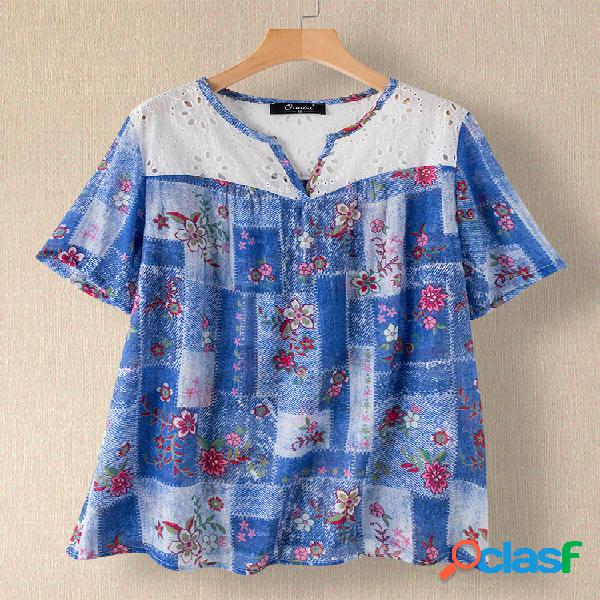 Imprimir Patchwork Hollow V-neck Plus Blusa Tamanho