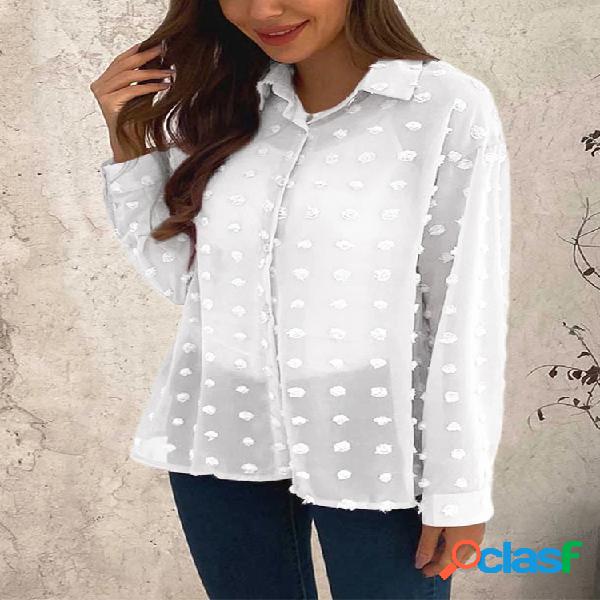 Jacquard cor sólida manga longa Plus tamanho Camisa para
