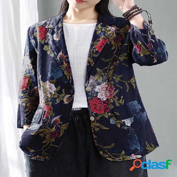Jaqueta de algodão manga 3/4 vintage com estampa floral