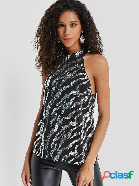 Lantejoulas Zebra Enfeitadas Halter Design Cami