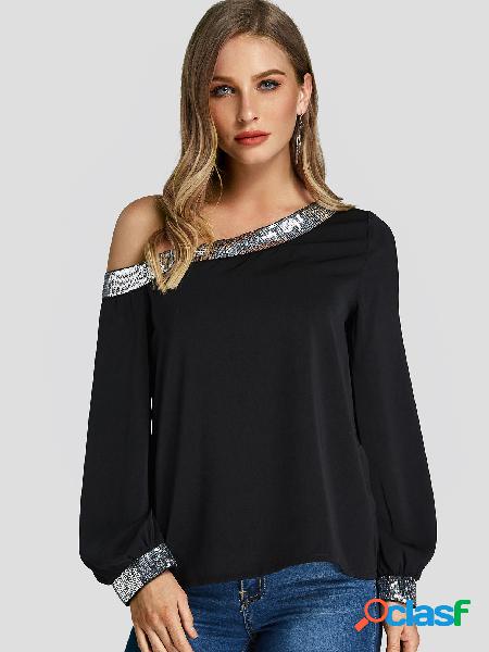 Lantejoulas pretas embelezadas blusa de ombro One