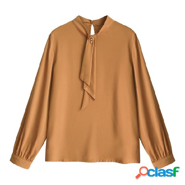 Lanterna manga cor sólida O pescoço camisa de manga