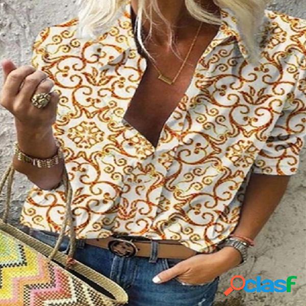 Lapela de manga comprida étnica estampada vintage Camisa