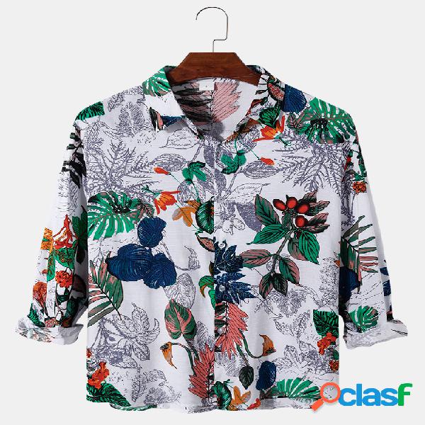 Linho de algodão masculino floral e Planta com estampa