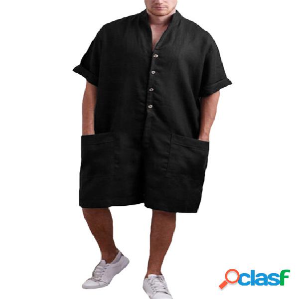 Macacão masculino gola com bolso de algodão casual Camisa