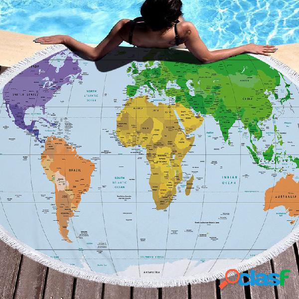 Mapa do mundo impresso redondo grande Praia Toalha Yoga