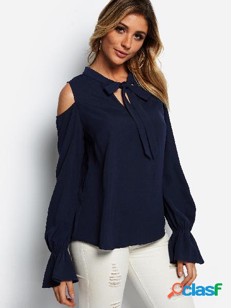 Marinha Self-tie Design Cold Shoulder Bell Sleeves Camisa