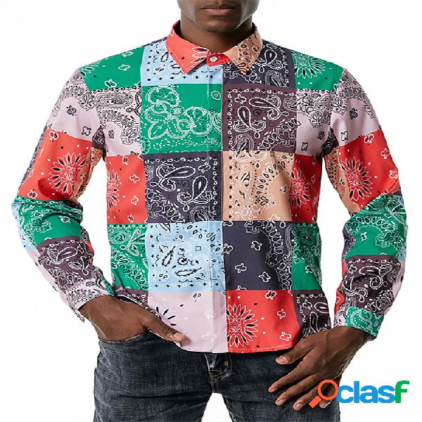 Masculino Paisley étnico estampado cor bloco relaxado fit