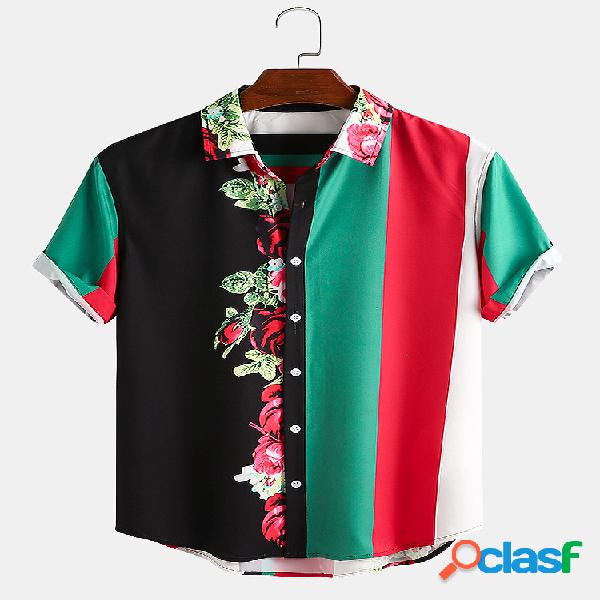 Masculino floral e colorido listrado patchwork casual bainha