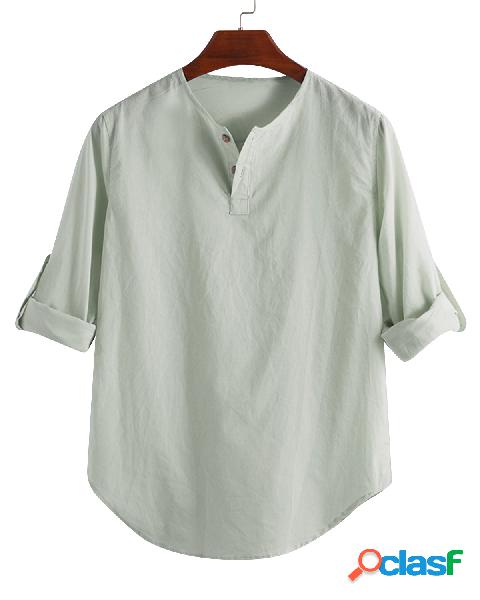 Masculino, linho liso, meio, Botões, gola, manga longa,
