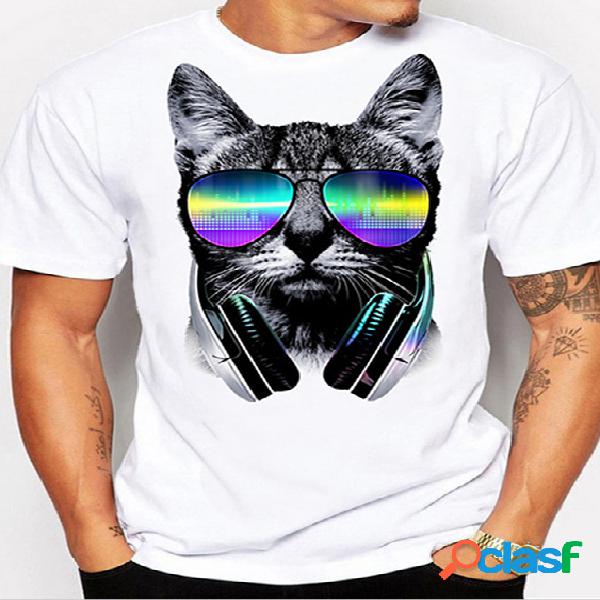 Masculino verão casual Óculos gato animal cartoon camiseta
