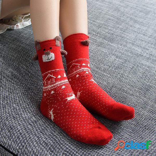 Meias de algodão de natal fofas de veado vermelho feminino
