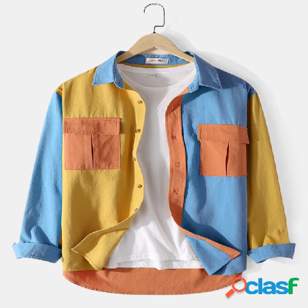 Mens 100% algodão Colorblock Patchwork Cargo Camisas de