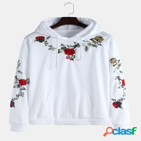 Mens Breve Estilo Floral Bordado Muff Pocket Hoodies de