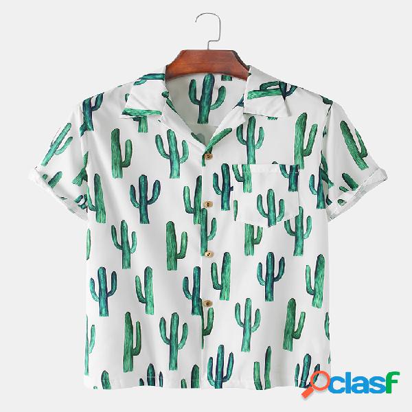 Mens Cactus Printed Light Revere Collar Camisas de manga