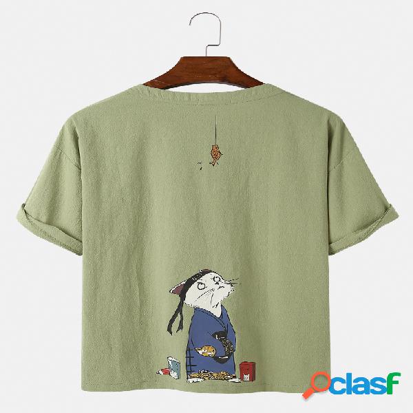 Mens Cartoon Cat Print Cor sólida Loose Thin Round Neck