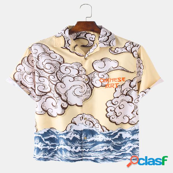 Mens Cloud & Sea Print Praia Camisas de manga curta soltas