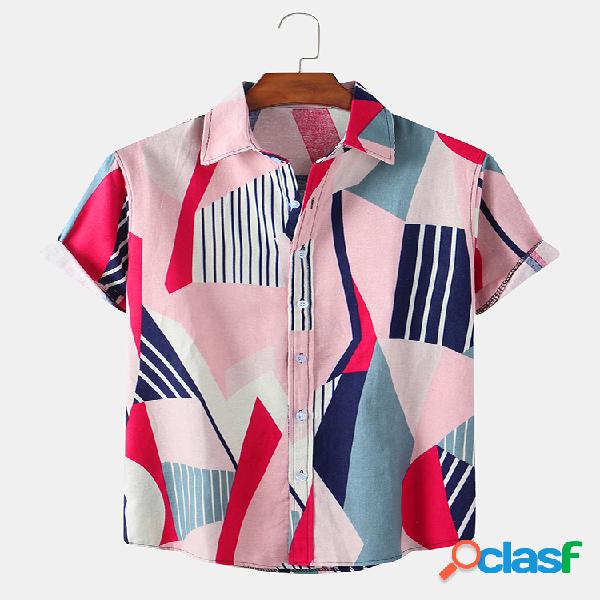 Mens Color Block Printed Light Casual Camisas de manga curta