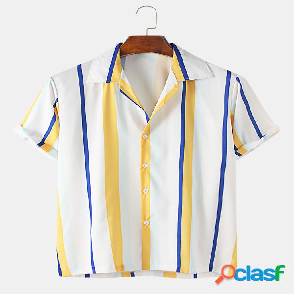 Mens Color Striped Designer Casual Lapel Collar Camisas de