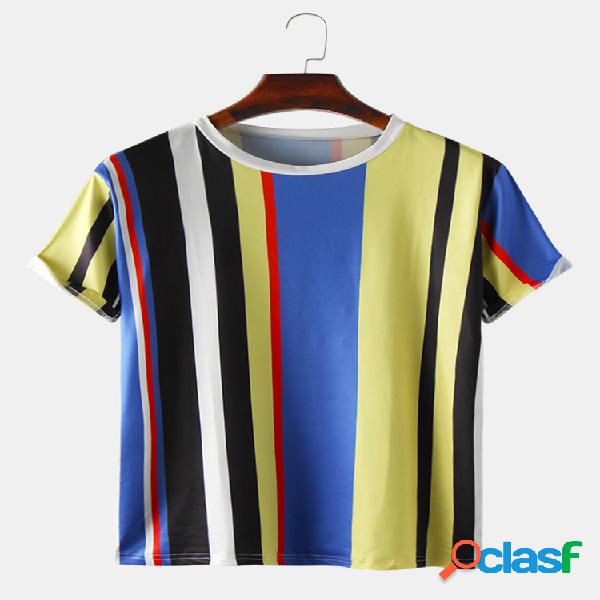 Mens Color Striped Round Neck Casual T-shirts de manga curta