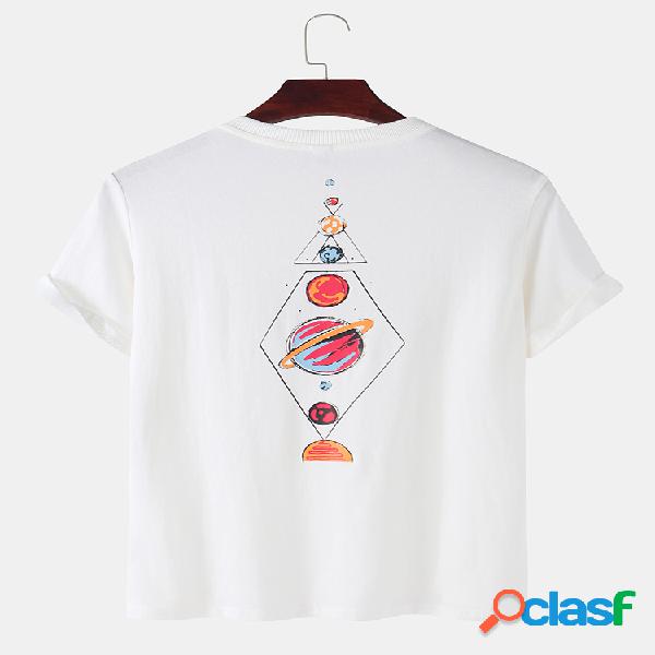 Mens Colorful Planet Printed Cotton Round Neck Casual