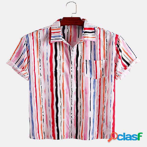 Mens Colorful Stripe Print Casual Loose Light Camisas de