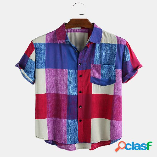 Mens Colorful bolso de peito respirável xadrez de manga