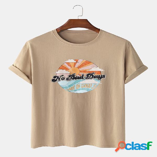 Mens Cotton Cenário Print Loose Light Casual O-Neck