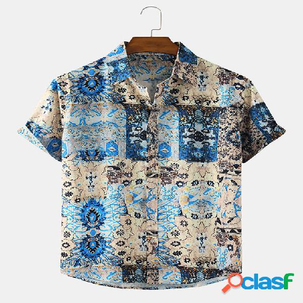 Mens Ethnic Print Casual Loose Light Lapel Collar Camisas de