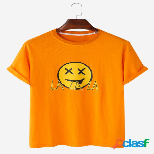 Mens Funny Sad Face Print Cor sólida Loose Light O-Neck