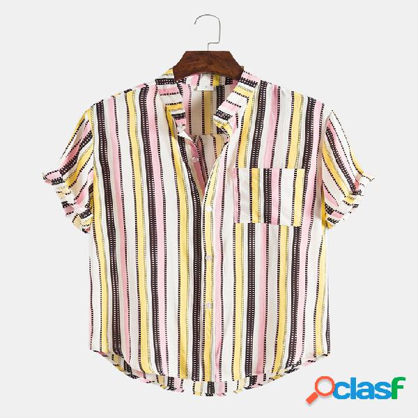 Mens Hit Color listrado peito bolso redondo bainha manga