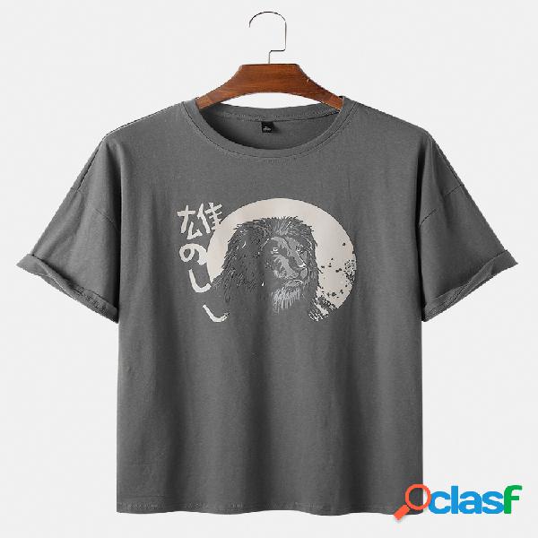 Mens Lion Padrão Print Cotton Loose Casual Thin Round Neck