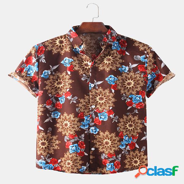 Mens Vintage Rose Impresso Loose Casual Manga curta Camisa