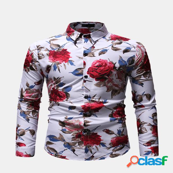 Mens business casual flor estampada com botões de algodão